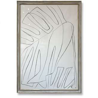 Large Linear 'Philodendron Study' Gouache on Handmade Paper in Gold Gilt and Antique Cream Finish Frame (B1070)