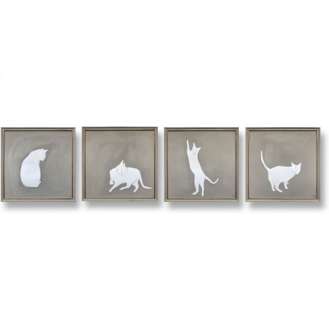 Set of 4 Cat Studies Gouache on Paper Behind Glass in Bespoke Painted and Gold Leaf Wooden Frames (B1075)