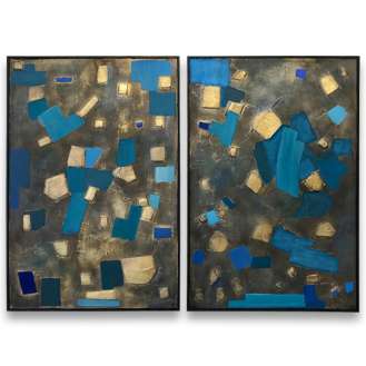 PAIR ‘Lapis Lazuli, Turquoise and Gold Treasure’ Oil Paint, Plaster and Gold Leaf Sculptural Paintings in Bespoke Black Lacquer Tray Frames (B1120)