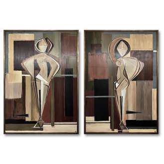 PAIR ‘Garnet Standing Muse’ & ‘Tourmaline Dancing Muse’ Oil & Acrylic in Gold Leaf with Bronze finish Shadow-Gap Tray Frame (B1131)