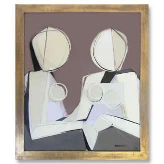 'In Conversation' Gouache on Board in Gold Leafed 1960s Wooden Frame (B543)