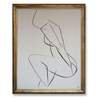 'Nude Pose' No.8 Gouache Linear on Handmade Paper in Gold Gilt Frame (B685)