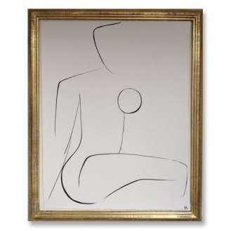 'Nude Pose' No.14 Gouache Linear on Handmade Paper in Gold Gilt Frame (B691)