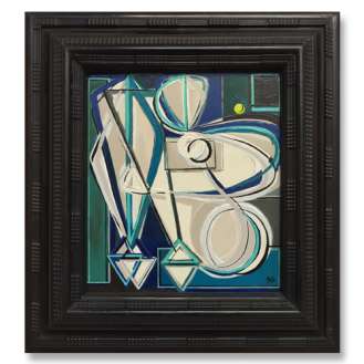 'Blue and the Pea' Oil & Acrylic on Board in Antique Carved Wooden Frame (B725)