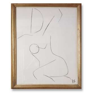 'Nude Pose' No.19 Gouache Linear on Handmade Paper in Gold Gilt Frame (B784)