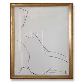 'Nude Pose' No.26 Gouache Linear on Handmade Paper in Gold Gilt Frame (B791)
