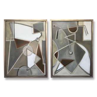 PAIR 'Satellite' L & R Study, Oil & Acrylic on Board in Gold/Silver/Bronze Finish Shadow Gap Tray Frame (B858)