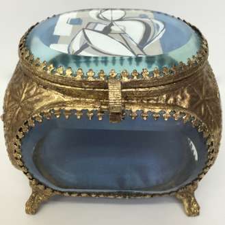 Treasure Box ‘Cobalt Muse’ Gouache on Paper under Cut Glass in Gold Gilt Metal Box (B923)