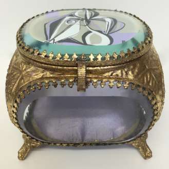 Treasure Box ‘Lilac Muse’ Gouache on Paper under Cut Glass in Gold Gilt Metal Box (B924)