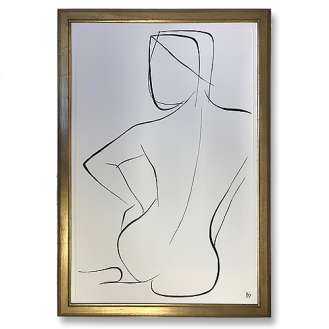 Large Linear Nude Pose No.36 Gouache on Handmade Paper in Gold Gilt Frame (B942)