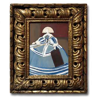 ‘Girl in the Blue Dress’ Oil & Acrylic on Board in Ornate Antique Carved Wooden Gilt Frame (B984)
